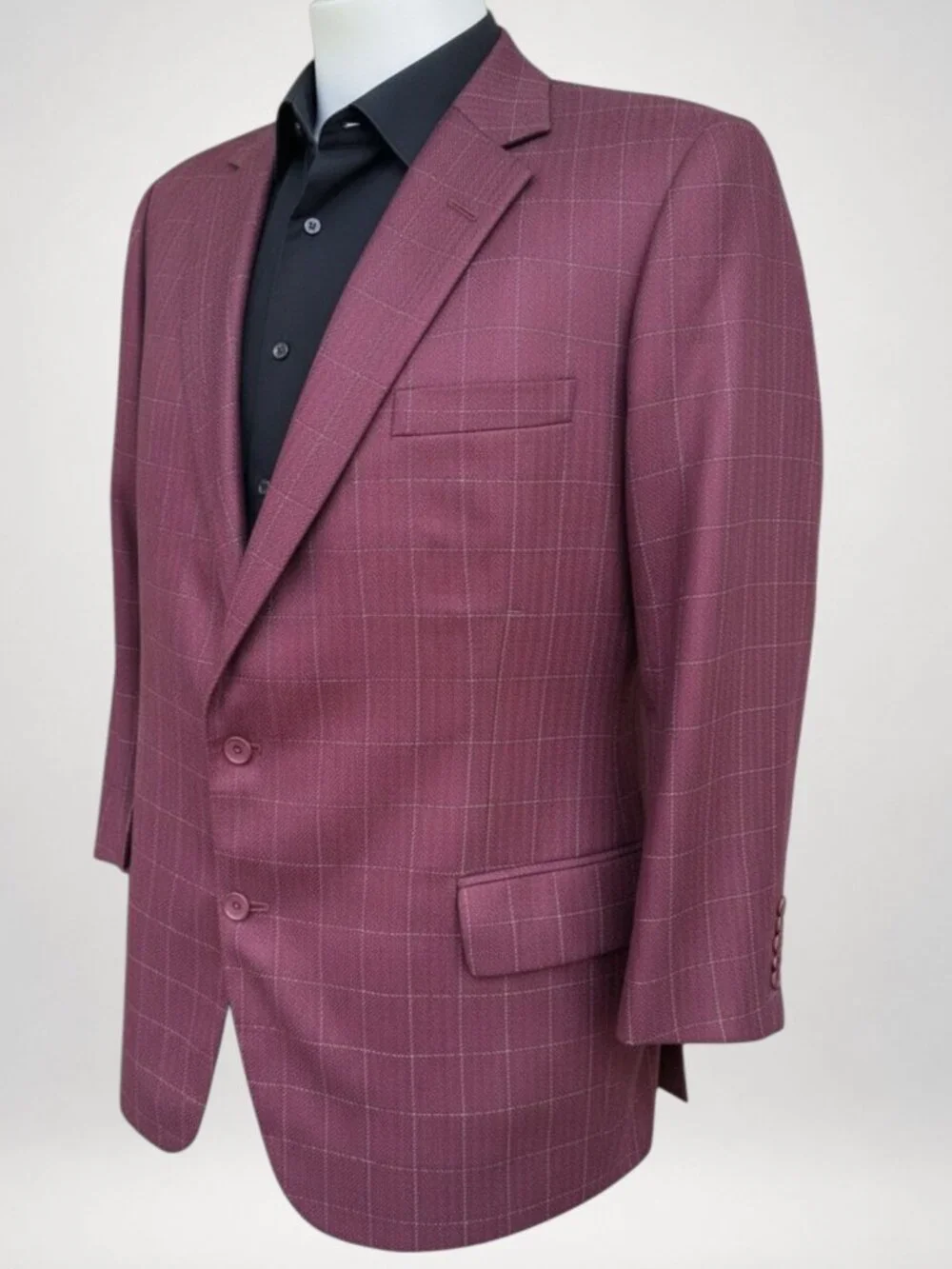 Vintage Bespoke Burgundy Windowpane Wool Sport Coat Blazer Men's 46R Hand Tailor